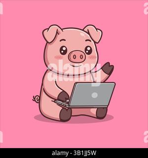 Illustration of Cute Pig Working On Laptop Cartoon Vecto Stock Vector