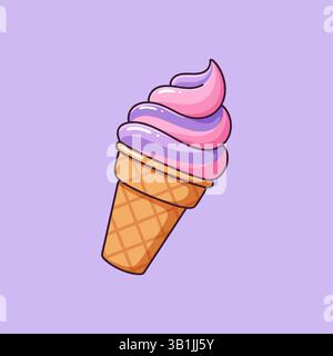 Colorful ice cream cone vector flat illustration. Pink and purple cream with black outline Stock Vector