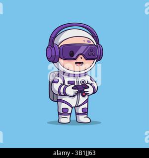 Cute Astronaut Playing Game Joystick Cartoon Vector Icon Illustration. Stock Vector