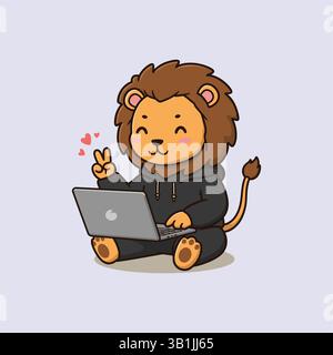 Illustration of Cute Lion Working On Laptop Cartoon Vector Stock Vector