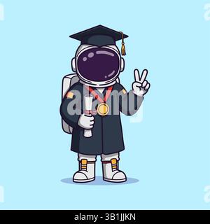 Cute Astronaut Graduate Wearing Graduation Hat and Holding Graduation Certificate flat vector eps 10 Stock Vector