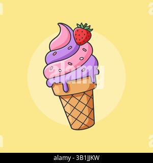 Colorful ice cream cone with strawberry vector flat illustration. Pink and purple cream with black outline Stock Vector