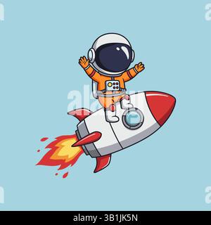Illustration of Cute Astronaut Riding Rocket With Peace Sign Hand Cartoon Vector Stock Vector