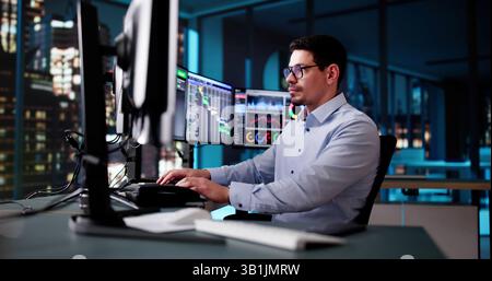 Scrum Project Manager Using Scrum Board Scheduling Software Stock Photo