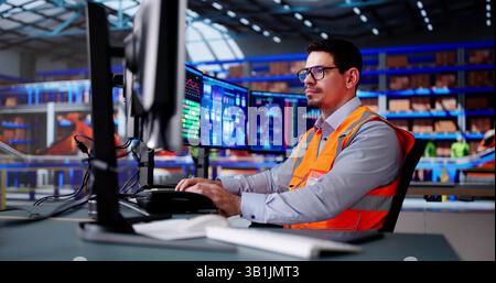 Hispanic Man Working At Computer In Warehouse Fulfillment Center Stock Photo