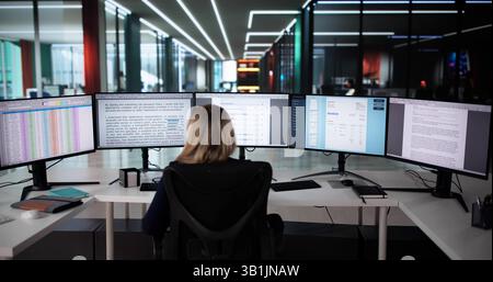 The Woman Correcting Mistakes On The Computer Screen: Editing Documents Stock Photo
