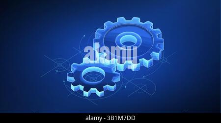 Digital gear mechanism. Engineer blueprint, technology innovation, motor engine. Stock Vector