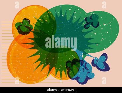 Risograph Gold Coin with speech bubble with geometric shapes. Objects in trendy riso graph print texture style design with geometry elements. Stock Vector