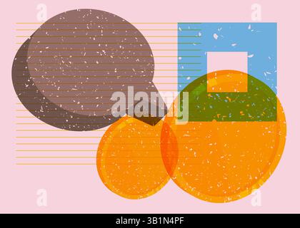 Risograph Gold Coin with speech bubble with geometric shapes. Objects in trendy riso graph print texture style design with geometry elements. Stock Vector