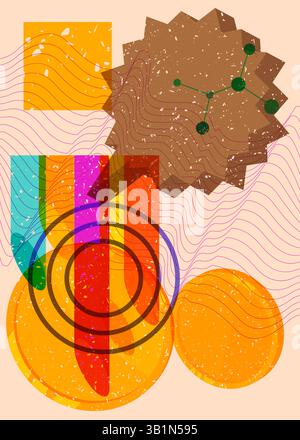 Risograph Gold Coin with speech bubble with geometric shapes. Objects in trendy riso graph print texture style design with geometry elements. Stock Vector
