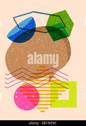 Risograph Gold Coin with speech bubble with geometric shapes. Objects in trendy riso graph print texture style design with geometry elements. Stock Vector