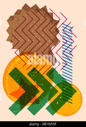 Risograph Gold Coin with speech bubble with geometric shapes. Objects in trendy riso graph print texture style design with geometry elements. Stock Vector