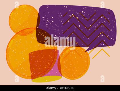 Risograph Gold Coin with speech bubble with geometric shapes. Objects in trendy riso graph print texture style design with geometry elements. Stock Vector