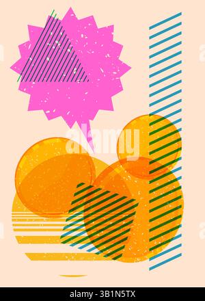 Risograph Gold Coin with speech bubble with geometric shapes. Objects in trendy riso graph print texture style design with geometry elements. Stock Vector