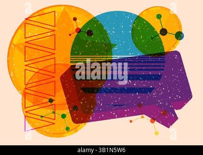 Risograph Gold Coin with speech bubble with geometric shapes. Objects in trendy riso graph print texture style design with geometry elements. Stock Vector