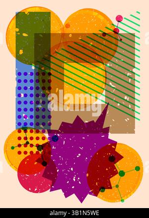 Risograph Gold Coin with speech bubble with geometric shapes. Objects in trendy riso graph print texture style design with geometry elements. Stock Vector