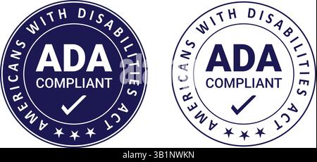 two blue round badges with ada compliant text and a check mark, symbolizing accessibility, approval, and inclusion standards for people with disabilit Stock Vector