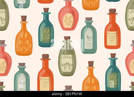 Vector seamless pattern with bottles of different shapes in cartoon style. Texture with flasks with elixirs and medicines. Wallpaper with aromatherapy Stock Vector