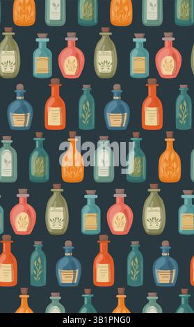 Vector seamless pattern with bottles of potions in cartoon style. Texture with flasks with elixirs and medicines in row on dark background. Wallpaper Stock Vector