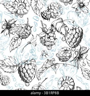 Raspberry leaves, dew drops, ice cubes, water splash. Ripe summer garden forest berry loganberry hand drawn in vector ink. Isolated seamless pattern Stock Vector