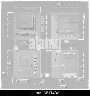 A city street with a crosswalk and a sidewalk. The street is lined with trees and buildings. Top view Stock Vector