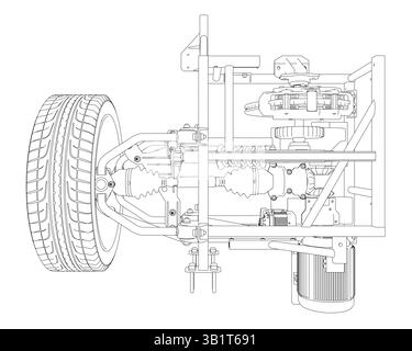 A drawing of a car engine with a tire in the front. The drawing is in black and white Stock Vector