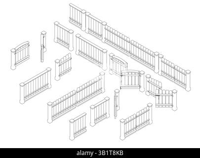 A series of blue and white drawings of Fences and other architectural elements. The drawings are all different sizes and styles, but they all share a Stock Vector
