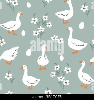 Seamless vector pattern with white goose, flower and egg. Hand drawn cute Easter goose pattern, for textile, wallpaper or nursery print design. Stock Vector
