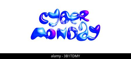 Cyber Monday 3D lettering in glossy liquid style with pink blue neon effect. Perfect for promo banners, sales ads, e-commerce visuals, digital Stock Vector