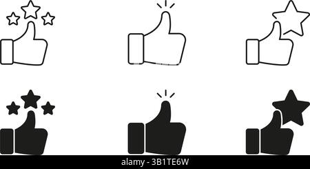 Thumbs Up With Stars Icon Set. Positive Feedback, Approval, And Rating Outline And Silhouette Symbol Collection. Customer Satisfaction And Quality Stock Vector