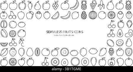 Seamless hand-drawn fruit icons set in outline style, perfect for food packaging, branding, patterns, backgrounds, and healthy lifestyle designs Stock Vector