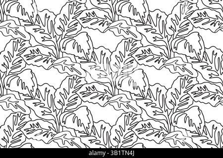 Line art floral seamless pattern with leaves vector illustration. Hand drawn outline repeating foliage in white background. Graphic design for Cover C Stock Vector