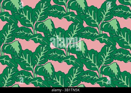 Botanical floral seamless pattern with leaves vector illustration. Colorful repeating cartoon green foliage in pink background. Graphic design for Fas Stock Vector