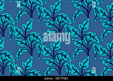 Botanical floral seamless pattern with leaves vector illustration. Colorful repeating cartoon blue foliage in blue background. Graphic design for Fash Stock Vector