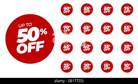 Special offer discount on red rounded tags with different value percent off 90, 85, 80, 75, 70, 65, 60, 55, 50, 45, 40, 35, 30, 25, 20, 15, 10 percent Stock Vector