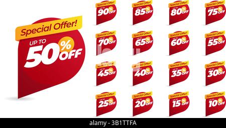 Special offer discount with different value percent off. 90, 85, 80, 75, 70, 65, 60, 55, 50, 45, 40, 35, 30, 25, 20, 15, 10 percentage price reduction Stock Vector