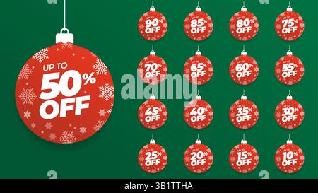 Special offer discount on christmas balls with different value percent off 90, 85, 80, 75, 70, 65, 60, 55, 50, 45, 40, 35, 30, 25, 20, 15, 10%. Stock Vector