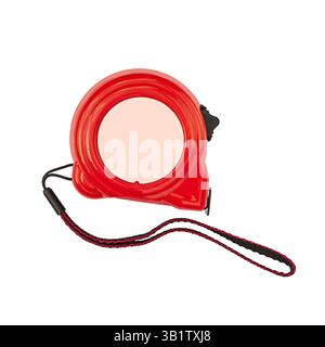 Construction measuring tape measure with red case and black strap, isolated on transparent white background. Blank for design or art works. Builder's Stock Photo
