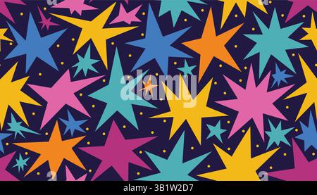 Cute seamless magic pattern with bright stars and dots on a dark blue background. Magic pattern with shining asymmetrical stars. Stock Vector