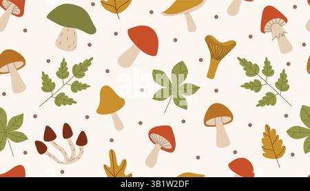 Autumn seamless pattern with mushrooms, leaves and dots on beige background. Cute fall design in flat style for fabric, textile, surface, web and prin Stock Vector