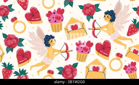 Cute Valentines seamless pattern with Cupid and heart candy box, envelope, cakes and rose flowers, dots. Happy Valentines Day wrapping paper in flat s Stock Vector