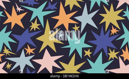 Mid Century style starburst seamless pattern. Cute funky stars infinity background. Stock Vector