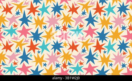 Mid Century style stars seamless pattern. Cute messy funky starburst infinity background. Stock Vector