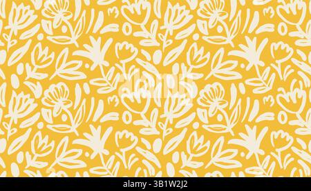 Floral hand drawn seamless pattern. Yellow and beige ink style textile design. Summer plants print. Flowers wallpaper, pattern, background. Nature gen Stock Vector