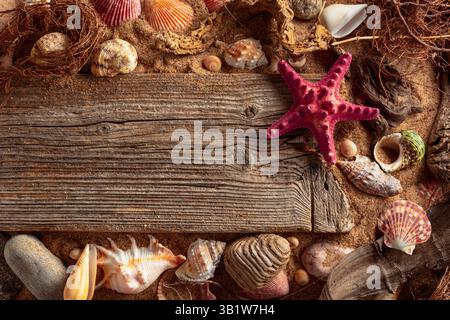 Beach themed background with driftwoods, shells, stones, and sand.  Top view.  Place your text or product on a wooden board. Stock Photo