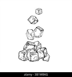 Dynamic ice cubes falling in pile vector illustration. Frozen water cube line art in black and white. Crystal freezer bricks for beverage labels Stock Vector
