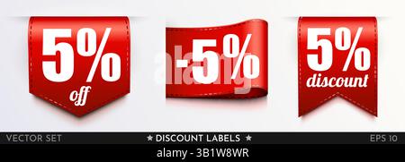 5 percent off. Ribbon sale tag. Red percentage label. Vector illustration Stock Vector