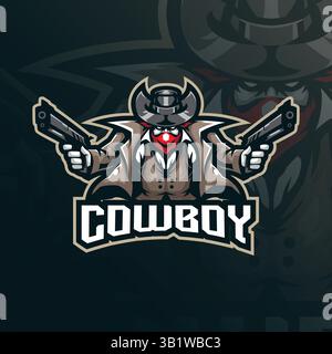 Cowboy mascot logo design with modern illustration concept style for badge, emblem and t shirt printing. Cowboy illustration with guns in hand. Stock Vector