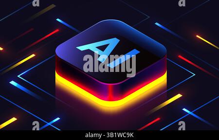 Brightly glowing glass computer chip on circuit board. Technology background. CPU processor on tech bg. Computer microchip on motherboard. Vector illustration Stock Vector