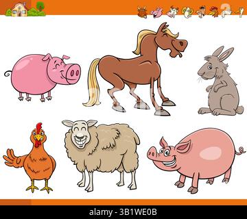 Cartoon illustration of happy farm animals comic characters collection Stock Vector